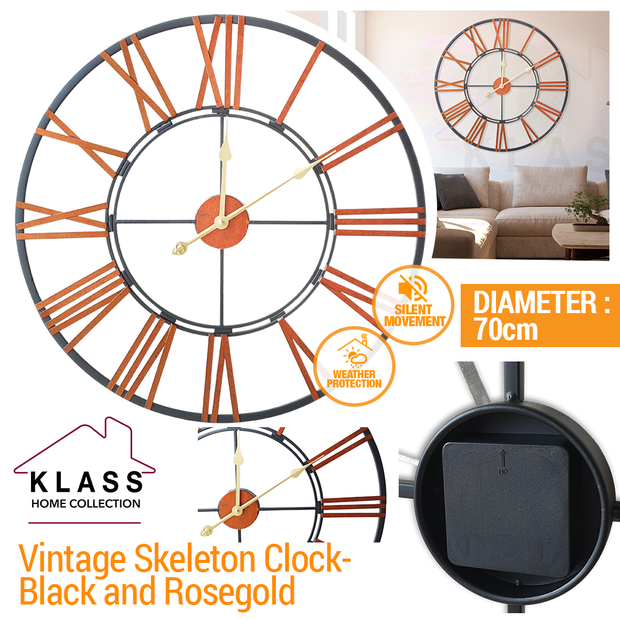 Klass home Vintage 70cm Skeleton Clock- Black and Rosegold