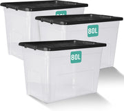 Klass Home Collection Clear Plastic Storage Boxes With Black Lids, Strong Multipurpose Storage Boxes Available Sizes 30L underbed and 50L, Sold as set of 3 or 4
