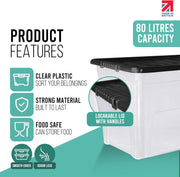 Klass Home Collection Clear Plastic Storage Boxes With Black Lids, Strong Multipurpose Storage Boxes Available Sizes 30L underbed and 50L, Sold as set of 3 or 4