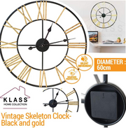 Large Skeleton Metal Wall Clock, Silent Non-Ticking, Roman Numerals Clock INDOOR/OUTDOOR, Black/White
