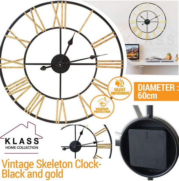 Large Skeleton Metal Wall Clock, Silent Non-Ticking, Roman Numerals Clock INDOOR/OUTDOOR, Black/White
