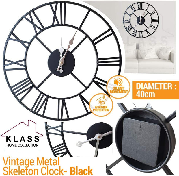 Large Skeleton Metal Wall Clock, Silent Non-Ticking, Roman Numerals Clock INDOOR/OUTDOOR, Black/White