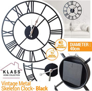 Large Skeleton Metal Wall Clock, Silent Non-Ticking, Roman Numerals Clock INDOOR/OUTDOOR, Black/White