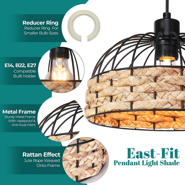 GIGGI Small Metal & Jute Rope Ceiling Light Shade, Retro Black, Rattan ...