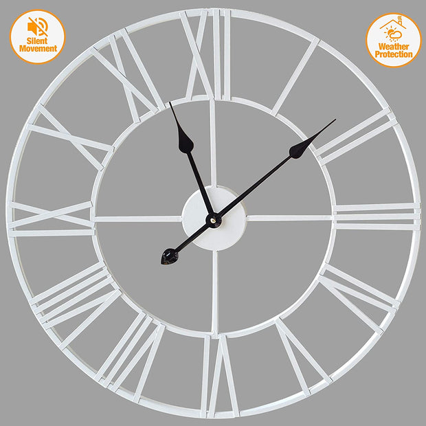 Large Skeleton Metal Wall Clock, Silent Non-Ticking, Roman Numerals Clock INDOOR/OUTDOOR, Black/White