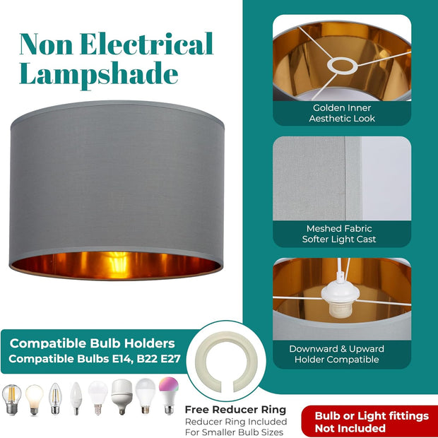Modern Fabric Easy Fit Pendant Light Shades/Lampshades for Ceiling Lights, Golden inner