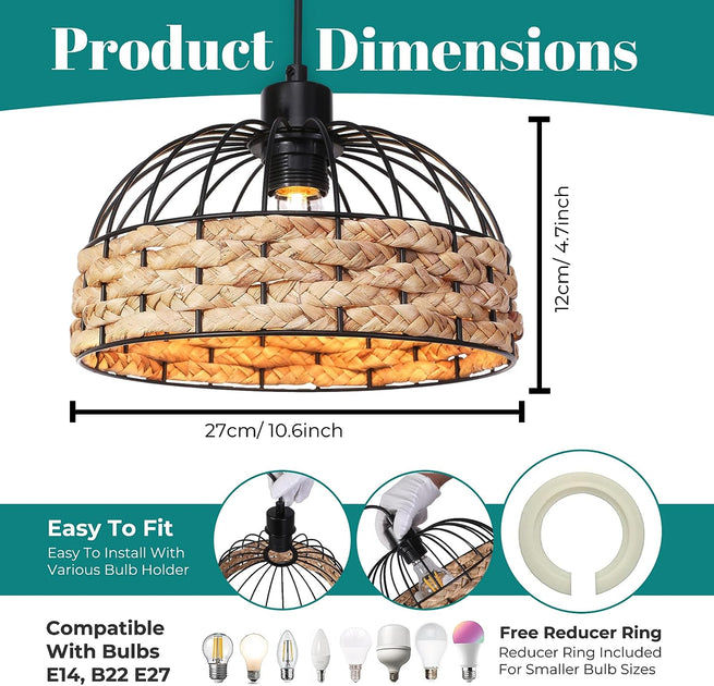 GIGGI Small Metal & Jute Rope Ceiling Light Shade, Retro Black, Rattan ...