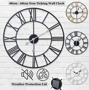 Large Skeleton Metal Wall Clock, Silent Non-Ticking, Roman Numerals Clock INDOOR/OUTDOOR, Black/White