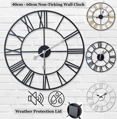 Large Skeleton Metal Wall Clock, Silent Non-Ticking, Roman Numerals Clock INDOOR/OUTDOOR, Black/White