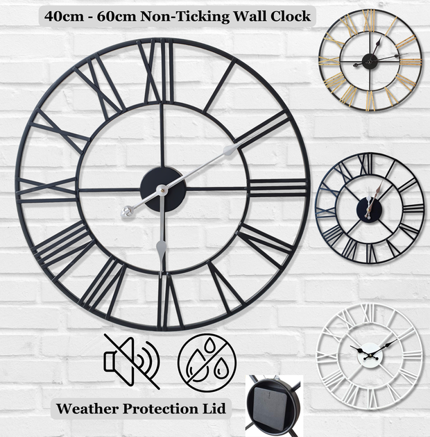 Large Skeleton Metal Wall Clock, Silent Non-Ticking, Roman Numerals Clock INDOOR/OUTDOOR, Black/White