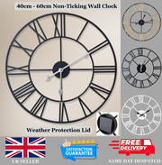 Large Skeleton Metal Wall Clock, Silent Non-Ticking, Roman Numerals Clock INDOOR/OUTDOOR, Black/White