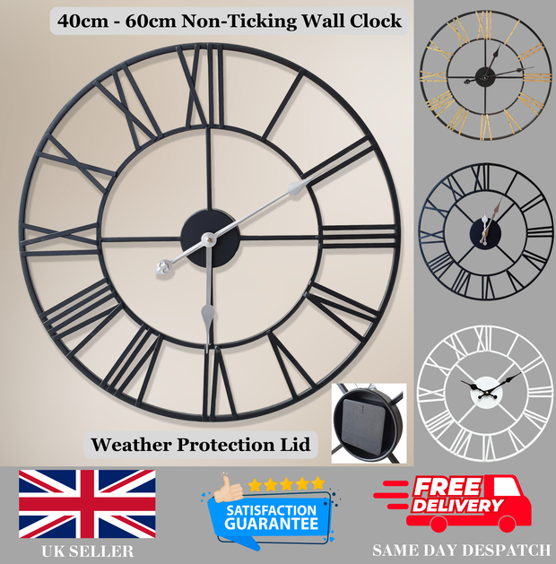 Large Skeleton Metal Wall Clock, Silent Non-Ticking, Roman Numerals Clock INDOOR/OUTDOOR, Black/White