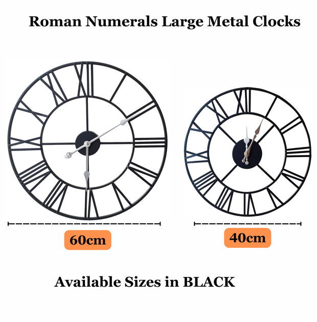 Large Skeleton Metal Wall Clock, Silent Non-Ticking, Roman Numerals Clock INDOOR/OUTDOOR, Black/White