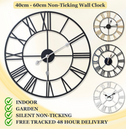 Large Skeleton Metal Wall Clock, Silent Non-Ticking, Roman Numerals Clock INDOOR/OUTDOOR, Black/White