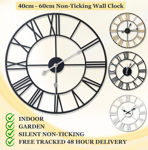 Large Skeleton Metal Wall Clock, Silent Non-Ticking, Roman Numerals Clock INDOOR/OUTDOOR, Black/White