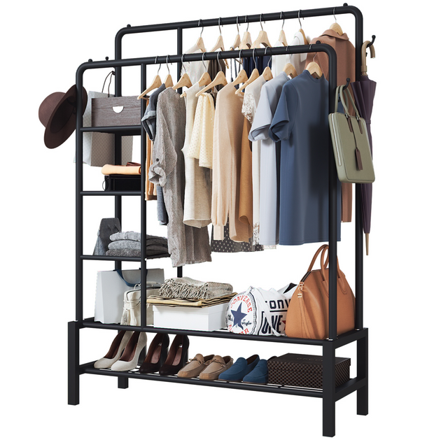 KLASS Heavy Duty Clothes Rail With Side Shelves & Shoe Rack, Freestanding, Super Sturdy Hanging Rail With 120KG Loading Capacity