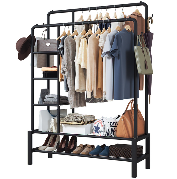 KLASS Heavy Duty Clothes Rail With Side Shelves Shoe Rack Freestand Klass Home