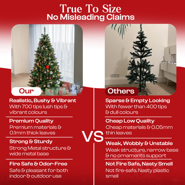 6ft Christmas Tree 700 Tips Lush Xmas Tree Premium PVC Realistic Artificial Christmas Tree With Metal Stand, Green Christmas Trees in 4ft, 5ft, 6 ft 7ft Sizes Perfect Christmas Decoration (6ft)
