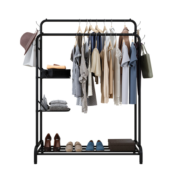 Heavy Duty Clothes Rail With Folding Shelves, Sturdy 100KG Black Metal Clothes Rack With Double Hanging Clothing Rail, Shoe Rack, 2 Folding Shelves & 4 Coat Hooks, Freestanding Clothes Rails For Bedroom Office Shop