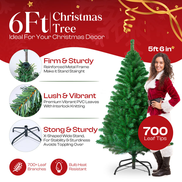 6ft Christmas Tree 700 Tips Lush Xmas Tree Premium PVC Realistic Artificial Christmas Tree With Metal Stand, Green Christmas Trees in 4ft, 5ft, 6 ft 7ft Sizes Perfect Christmas Decoration (6ft)