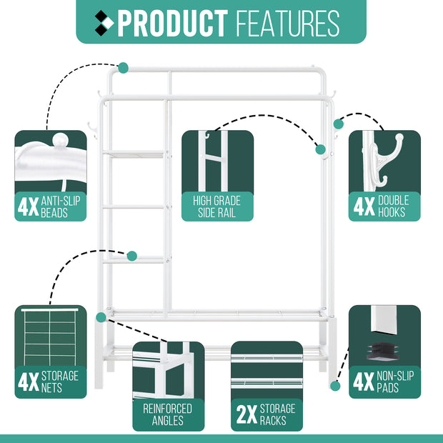 KLASS Heavy Duty Clothes Rail With Side Shelves & Shoe Rack, Freestanding, Super Sturdy Hanging Rail With 120KG Loading Capacity