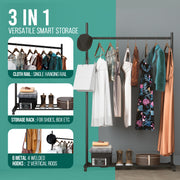 Portable Clothes Rail With Wheel/Feet, 4 Hooks, Storage Shelf, Heavy Duty Clothes Rail, Clothes Rack, Hanging Clothing Rail, Clothes Rails For Bedroom, Shops, Office, 50KG Load