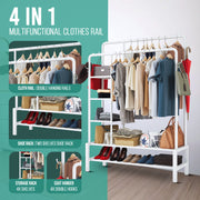 KLASS Heavy Duty Clothes Rail With Side Shelves & Shoe Rack, Freestanding, Super Sturdy Hanging Rail With 120KG Loading Capacity