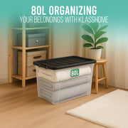 Klass Home Collection Clear Plastic Storage Boxes With Black Lids, Strong Multipurpose Storage Boxes Available Sizes 30L underbed and 50L, Sold as set of 3 or 4