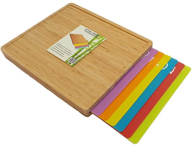 Bamboo Wood Cutting Board Set with 7 Flexible Cutting Mats with Food Icons,  Easy to Clean Cutting Boards for Kitchen