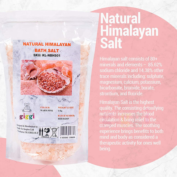 Giggi 1 KG 100% PURE Pink Himalayan Bath Salt - Natural Bath Minerals for Relaxant Recovery salts for Muscle Soak - Vegan friendly