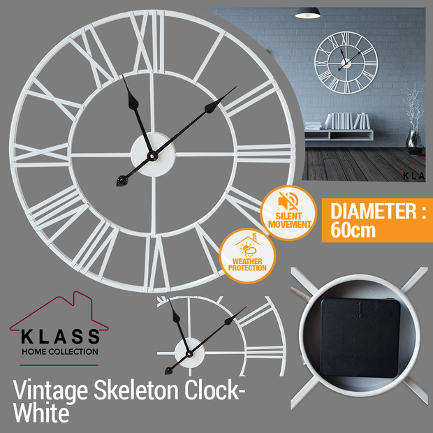 Klass Home Vintage Metal Skeleton Clock White